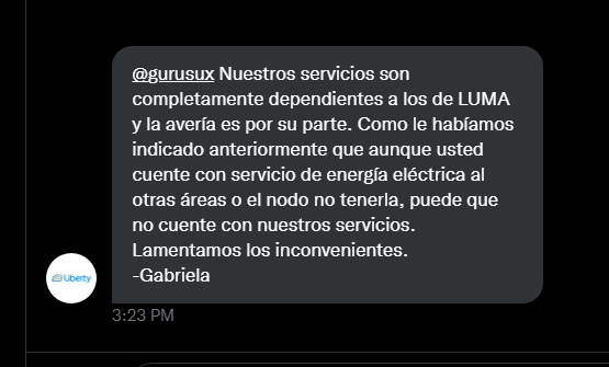 gurusux's tweet photo. Ahora @lumaenergypr se cae en algun lugar de PR y uno se jode. Como es esto posible  @LibertyPR ? 100% dependiente? 100%???? 🤦‍♂️🤦‍♂️ https://t.co/gQWyxYu5zx