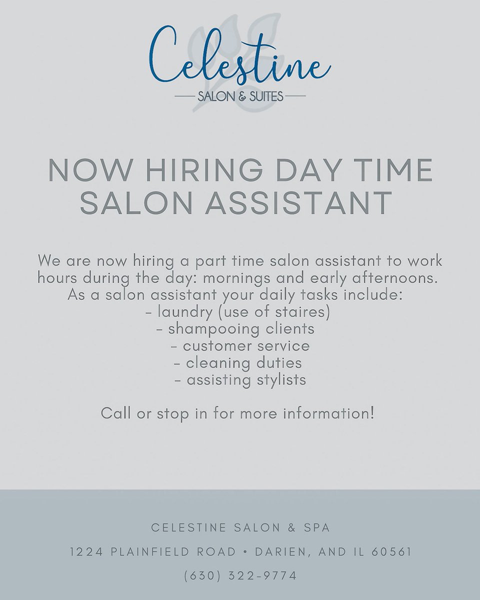 celestinesalon's tweet photo. NOW HIRING FOR A DAY TIME SHAMPOO ASSISTANT! Call for more details 🥰 
-
-
#shampooassistant #helpwanted #jobsearch #nowhiring #celestinesalon #cosmetology #hairsalon #hairstyles #hairstylist #darien #darienhair #chicago #behindthechair #schwarzkopfusa #schwarzkopfcreators https://t.co/gabLggdVD1