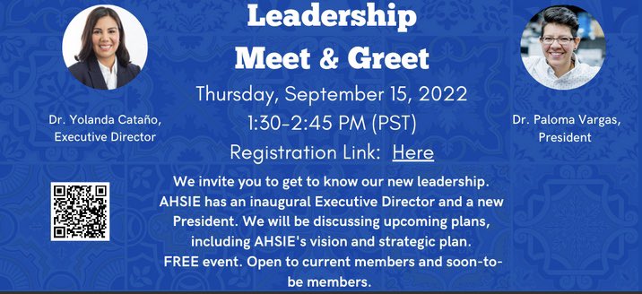 Dr. Martha Enciso (@drmenciso) on Twitter photo HSI week is around the corner!
Save the dates for <a href="/ahsieducators/">AHSIEducators</a> open house on Sept 13 & leadership meet & greet on Sept. 15. FREE & open to all working @ emerging & current HSIs. Links to register below.
Open house: eventbrite.com/e/ahsies-membe…
Meet & greet: eventbrite.com/e/ahsies-hsis-… HSI week is around the corner!
Save the dates for <a href="/ahsieducators/">AHSIEducators</a> open house on Sept 13 & leadership meet & greet on Sept. 15. FREE & open to all working @ emerging & current HSIs. Links to register below.
Open house: eventbrite.com/e/ahsies-membe…
Meet & greet: eventbrite.com/e/ahsies-hsis-…