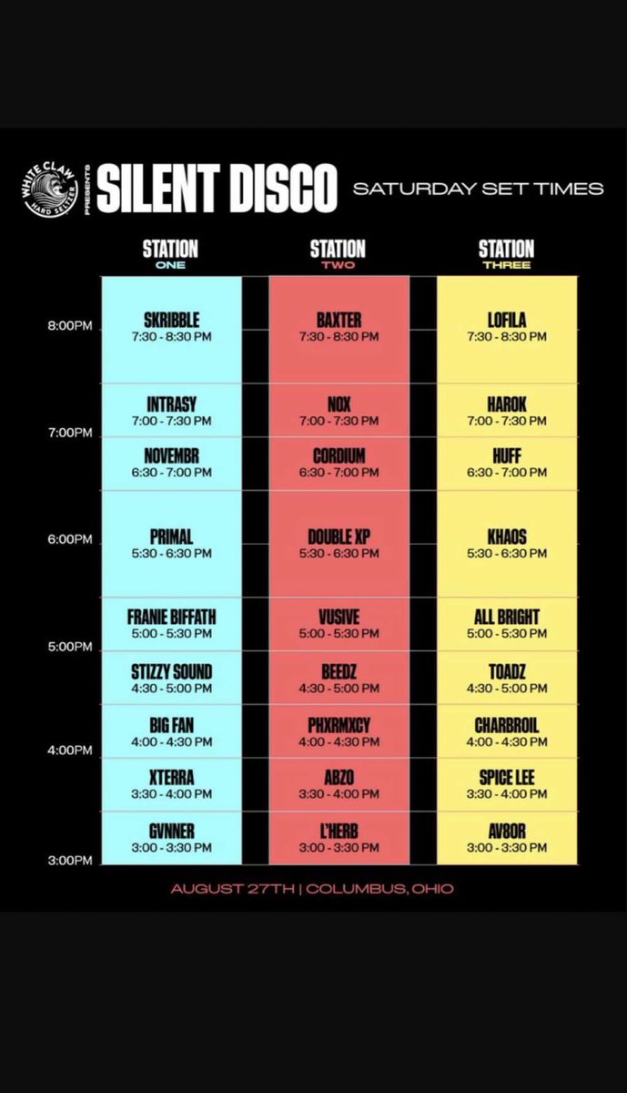 Mainstage 3:15-4
Closing silent disco 7:30-8:30