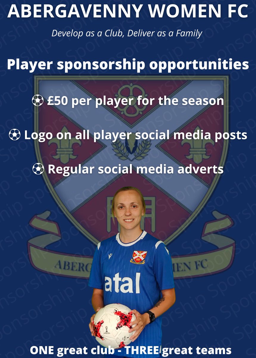 Abergavenny Women FC (@abergavennywfc) on Twitter photo β½οΈ PLAYER SPONSORSHIP β½οΈ
β½ AD-BOARDS β½
Sponsor a player for the upcoming season!
β½οΈ Logo on all player SM posts
β½οΈRegular SM adverts
OR
β½ AD BOARDS Β£200 1st Season, Β£100 successive.
Get in touch via email or DM
π§abergavennywfc@hotmail.com β½οΈ PLAYER SPONSORSHIP β½οΈ
β½ AD-BOARDS β½
Sponsor a player for the upcoming season!
β½οΈ Logo on all player SM posts
β½οΈRegular SM adverts
OR
β½ AD BOARDS Β£200 1st Season, Β£100 successive.
Get in touch via email or DM
π§abergavennywfc@hotmail.com