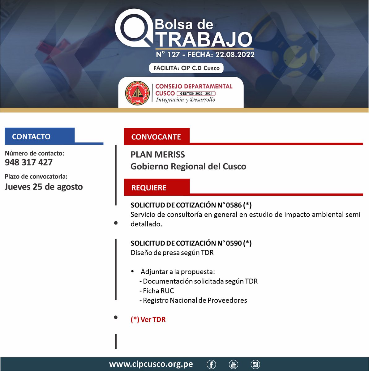 cipcusco's tweet photo. #TRABAJO N° 127 - 2022

🏢 Convoca:
PLAN MERISS

➡️ Requiere:
Ingenieros colegiados y habilitados

✅ Ver TDR: https://t.co/Nab1dk3BIx

⚙️ #CIPCusco
🤝 Integración y Desarrollo 👷🏻‍♀️👷🏻‍♂️
https://t.co/IK7gbLAUl8 https://t.co/FdcvQl7blH