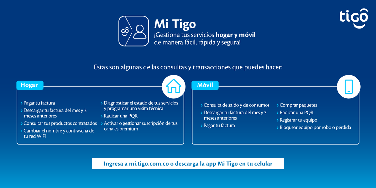 Tigo_Colombia's tweet photo. Todo lo que necesitas, lo encuentras en #MiTigo 💙. Consultas, pagos, trámites y solicitudes de tus servicios hogar 🏠 y móvil 📱 de forma fácil y rápida ¿Ya la utilizas? Ingresa aquí ▶️ https://t.co/xjuTOwdgPR https://t.co/bItUlCZj4e
