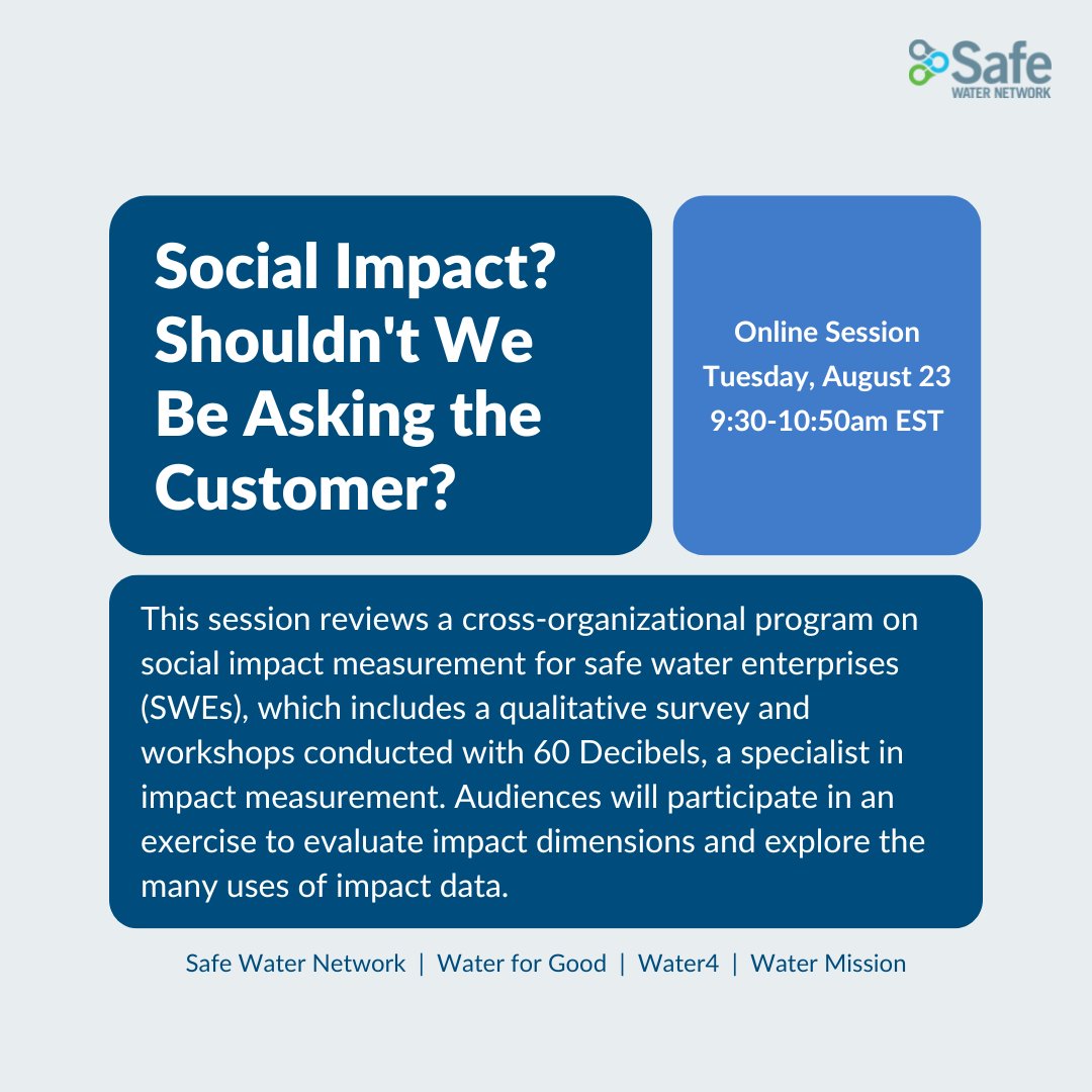 Safe Water Network (@safewaternet) on Twitter photo #WWWeek begins tomorrow 💦
It's not too late to register! Join us for our first online session tomorrow at 9:30AM EST where we'll be discussing social impact measurement for safe water enterprises with <a href="/Water_for_Good/">Water for Good</a>, <a href="/Water4/">Water4</a> & <a href="/water_mission/">Water Mission</a>
Register: worldwaterweek.org/tickets #WWWeek begins tomorrow 💦
It's not too late to register! Join us for our first online session tomorrow at 9:30AM EST where we'll be discussing social impact measurement for safe water enterprises with <a href="/Water_for_Good/">Water for Good</a>, <a href="/Water4/">Water4</a> & <a href="/water_mission/">Water Mission</a>
Register: worldwaterweek.org/tickets