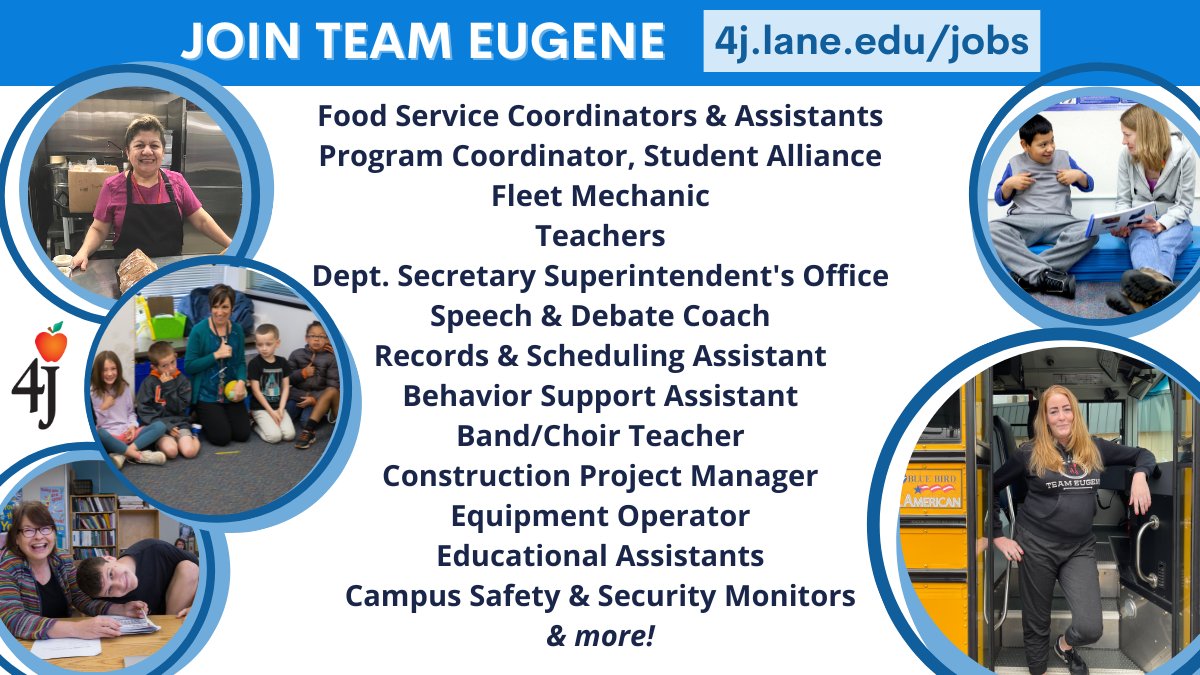 👊Want to help support students, schools and your community? Join Team Eugene! We have part-time, full-time, temporary and substitute positions. View 4J job openings and apply today: 4j.lane.edu/jobs