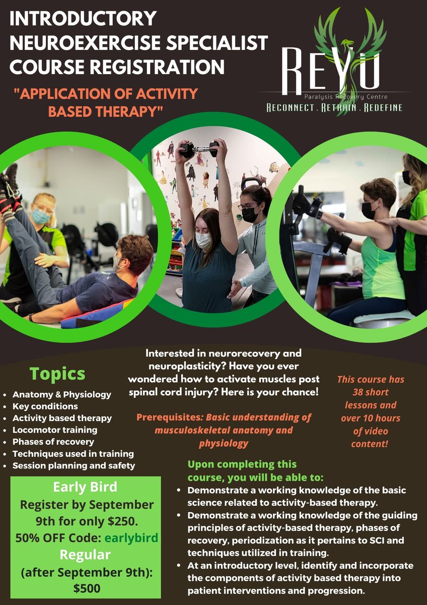This special offer expires on September 9, 2022.
Code - earlybird
Click on the link in our (bio) to sign up 👍 or go to "reyu-courses.thinkific.com/courses/activi…"

 #yeg #neurorehab #ReYuTeam #DMITherapy #yegfitness #DynamicMovementIntervention #yegbusiness #kinesiology #thinkific #neuroexercise