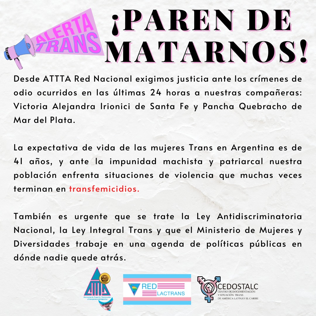 📣 Comunicado‼️

#ParendeMatarnos
#Transfemicidios
#ATTTARedNacional 🏳️‍⚧️
@MinGenerosAR @EliGAlcorta