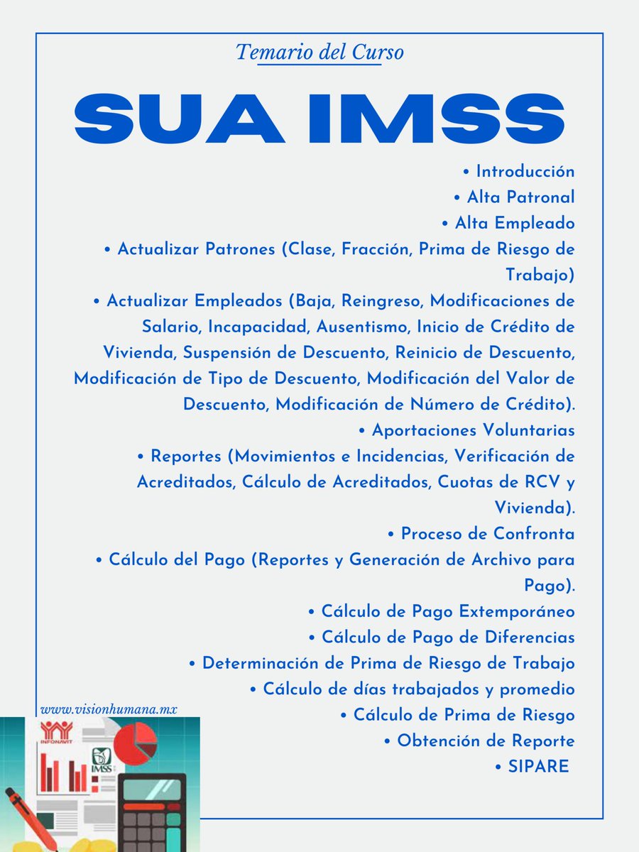 Curso en Línea: SUA IMSS
10 de Septiembre de 2022
10% de descuento con el código VHSS10
Paga hasta en 18 meses sin intereses
Se otorgan 5 puntos ante CONARH
Tel. 5585022187
Whatsapp: 5566807726 postly.app/13DT
postly.app/13DU
