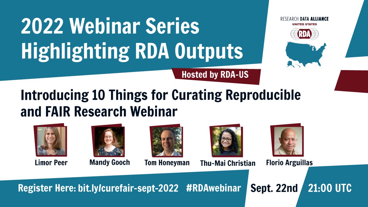 Join us on Sept 22, 2022, at 21:00 UTC for the RDA webinar 'Introducing 10 Things for Curating Reproducible and FAIR Research” hosted by the RDA-US and presented by the RDA CURE-FAIR Working Group. More information and registration: bit.ly/curefair-sept-… @RDA_US