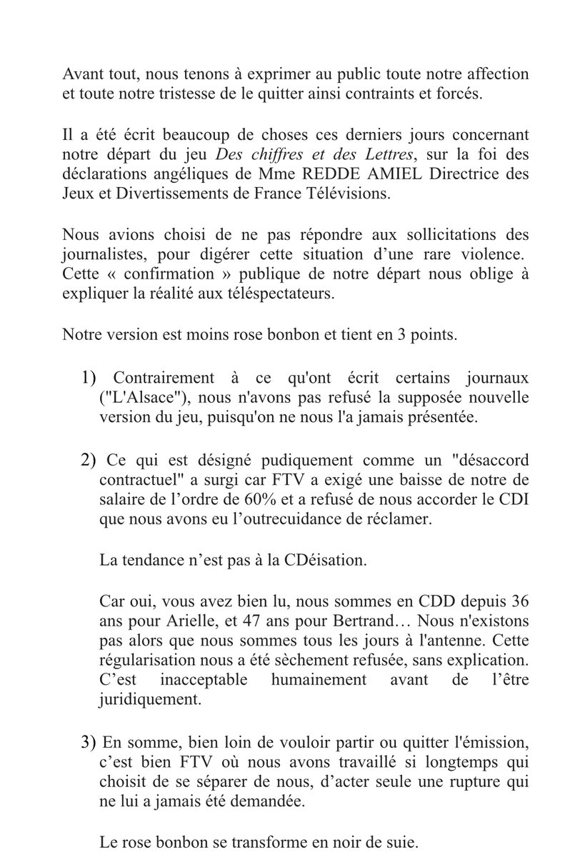 #DesChiffresEtDesLettres
Un communiqué d’Arielle #BoulinPrat et Bertrand #Renard, piliers du jeu télévisé emblématique de @francetv