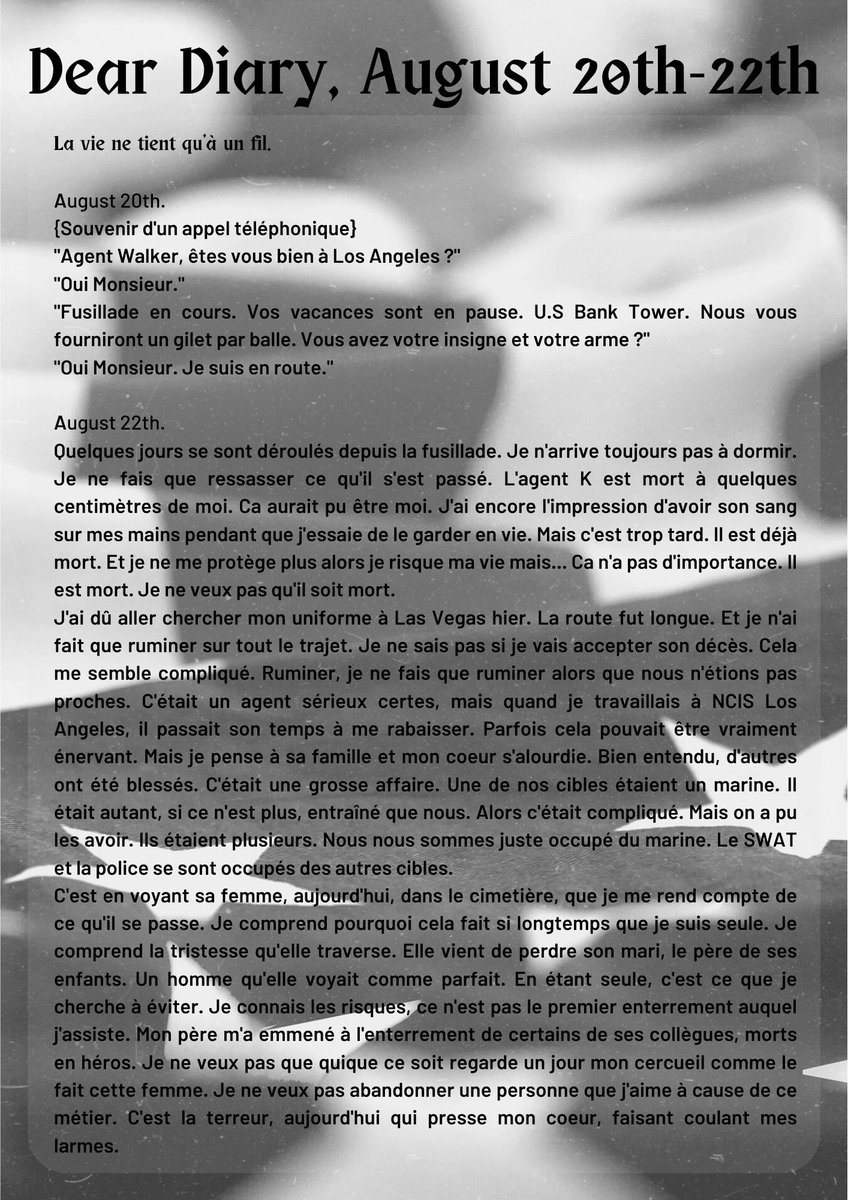 𝐎𝐧𝐞 𝐬𝐡𝐨𝐭

𝐃𝐞𝐚𝐫 𝐃𝐢𝐚𝐫𝐲, 𝐃𝐞𝐚𝐫 𝐃𝐢𝐚𝐫𝐲, 𝐀𝐮𝐠𝐮𝐬𝐭 𝟐𝟎𝐭𝐡 - 𝟐𝟐𝐭𝐡

𝔏𝔞 𝔳𝔦𝔢 𝔫𝔢 𝔱𝔦𝔢𝔫𝔱 𝔮𝔲'𝔞̀ 𝔲𝔫 𝔣𝔦𝔩

𝐋𝐞𝐬 𝐓𝐖 𝐬𝐨𝐧𝐭 : morts, sang, fusillade, solitude, terreur, peur de l'engagement