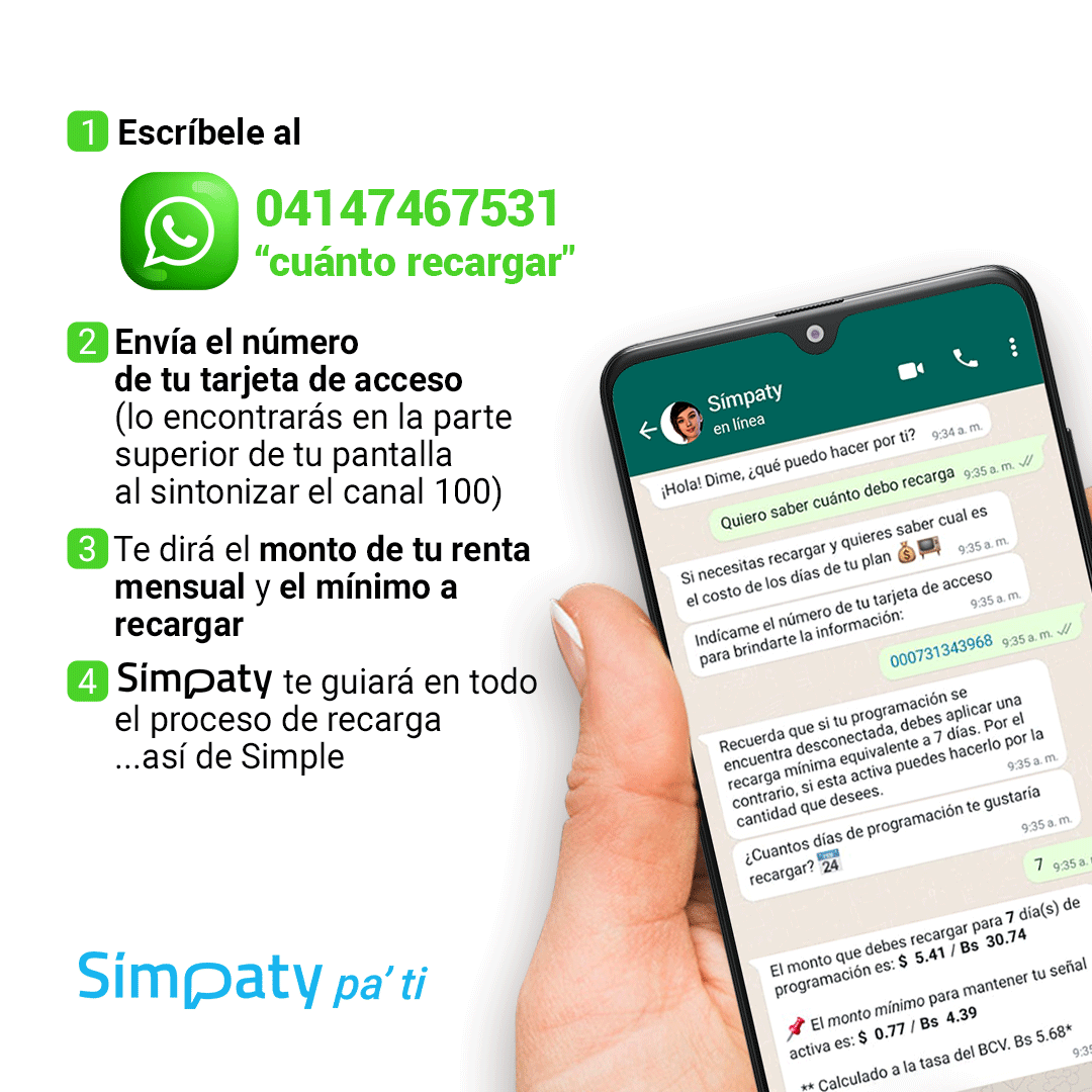 Simple_vzla's tweet photo. Escríbele a Símpaty YA y has tu recarga mínima 😁🤩

Sigue disfrutando de la mejor programación

Símpaty es pa´ ti

#AsiDeSimple 
#SimpleTV 
#Simpaty https://t.co/JJ6NWhetvJ
