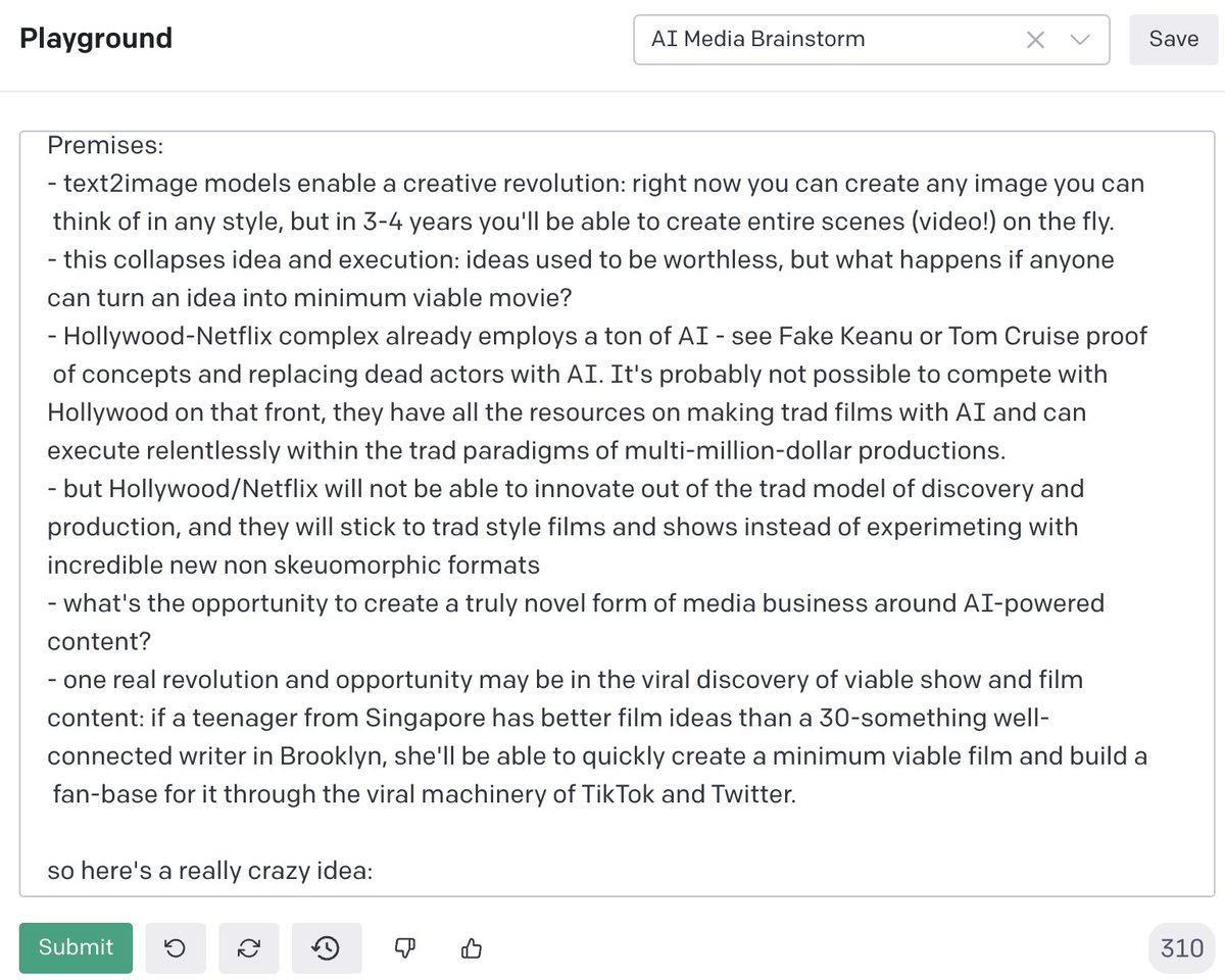 fabianstelzer's tweet photo. I use GPT-3 daily as a brainstorming scratch pad

an always-on sparring partner to run ideas by

feed it what you're working on, let it spit back insights and objections

say you're thinking about starting an AI media startup: https://t.co/yeCwTgyMht