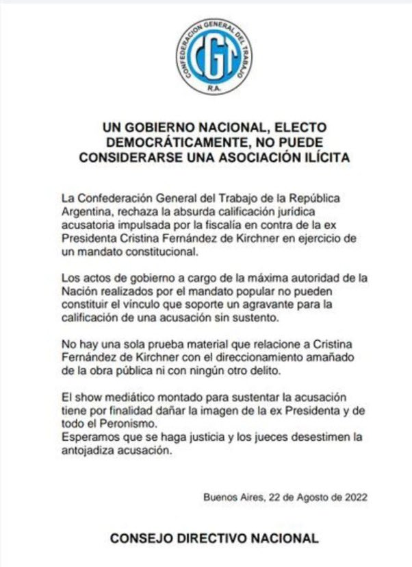 La #CGT se pronuncia ante el proceso judicial seguido contra #CristinaKirchner: “Un gobierno nacional, electo democráticamente, no puede considerarse asociación ilícita”