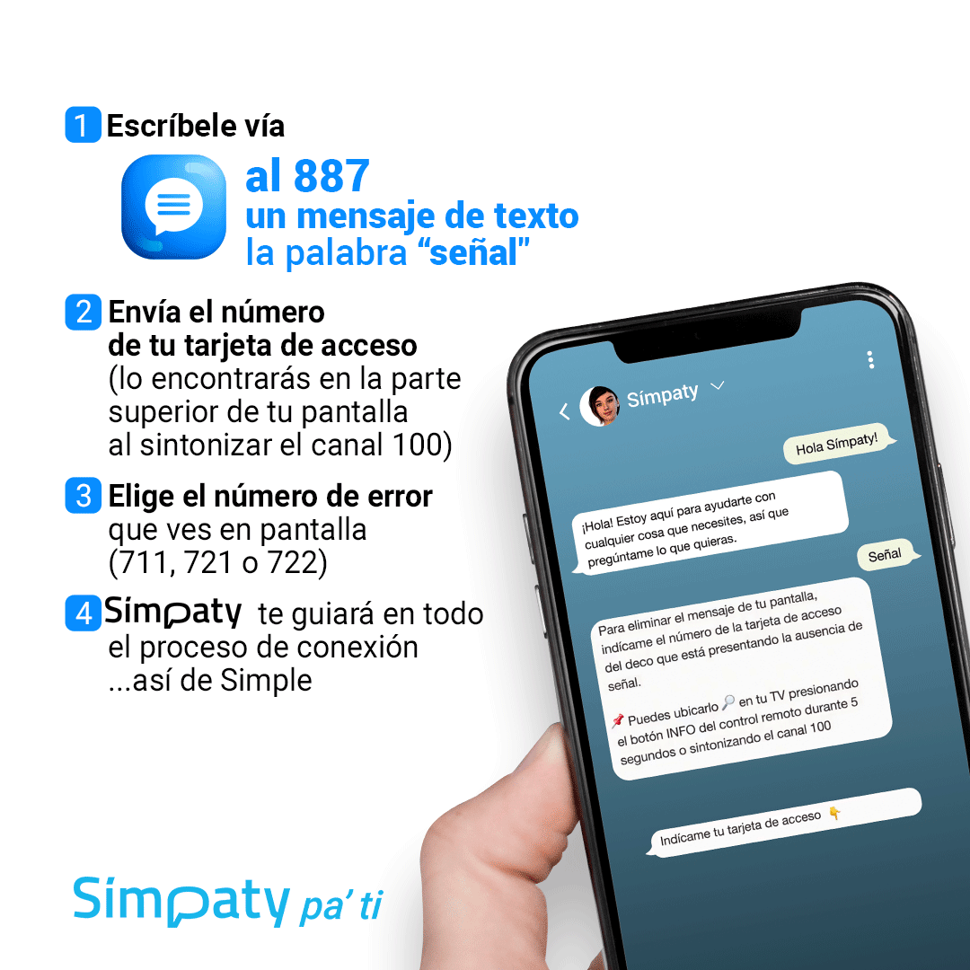 Simple_vzla's tweet photo. Corrige YA los códigos en pantalla como: 711, 721 y 722. 

Escríbele y ella te ayudará a solucionar 

Símpaty es pa´ ti

#AsiDeSimple 
#Simpletv
#Simpaty https://t.co/SgEnEo5gHS