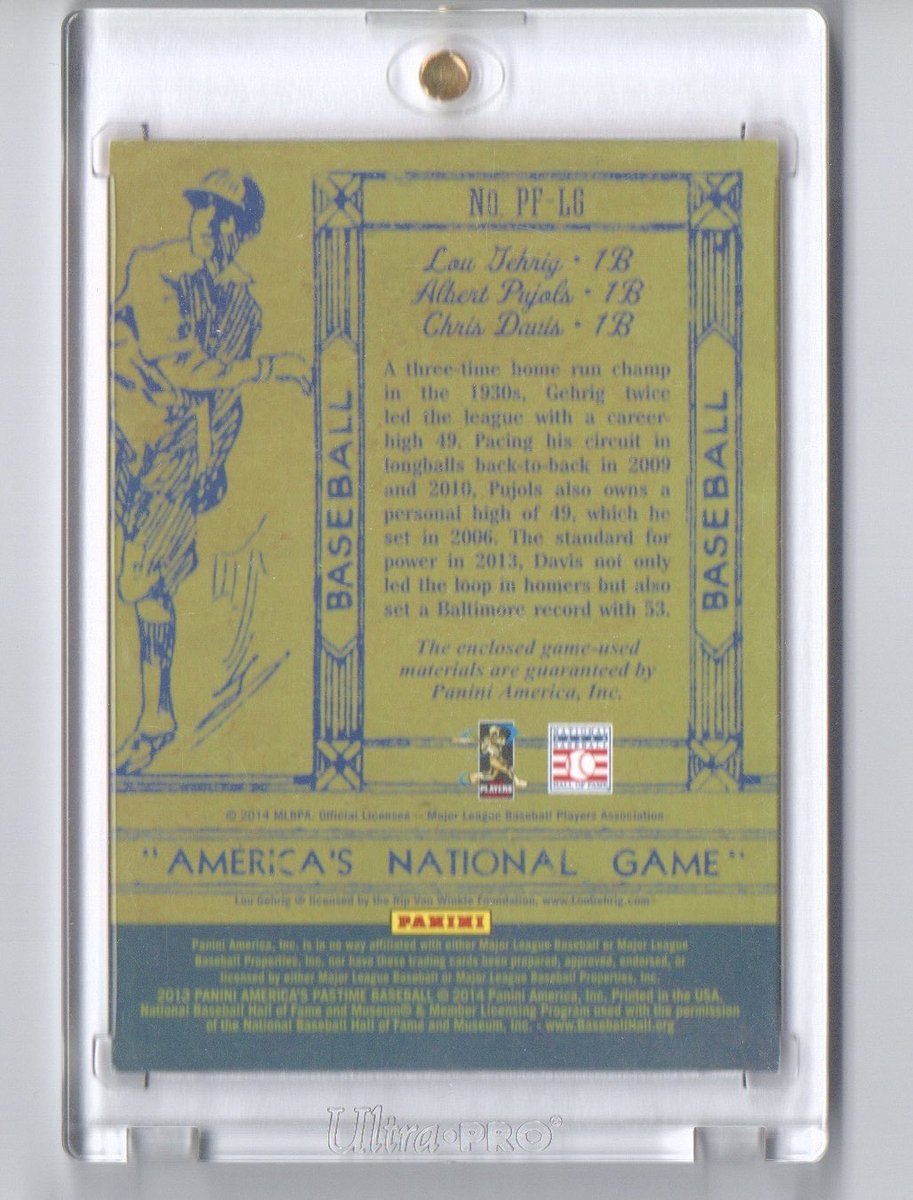 the8bitking's tweet photo. 2013 Panini America’s Pastime Pujols/Gehrig/Davis triple relic. $200 obo shipped.  PayPal G&amp;S

@HobbyConnector 
@sports_sell https://t.co/n5MHksOVy7