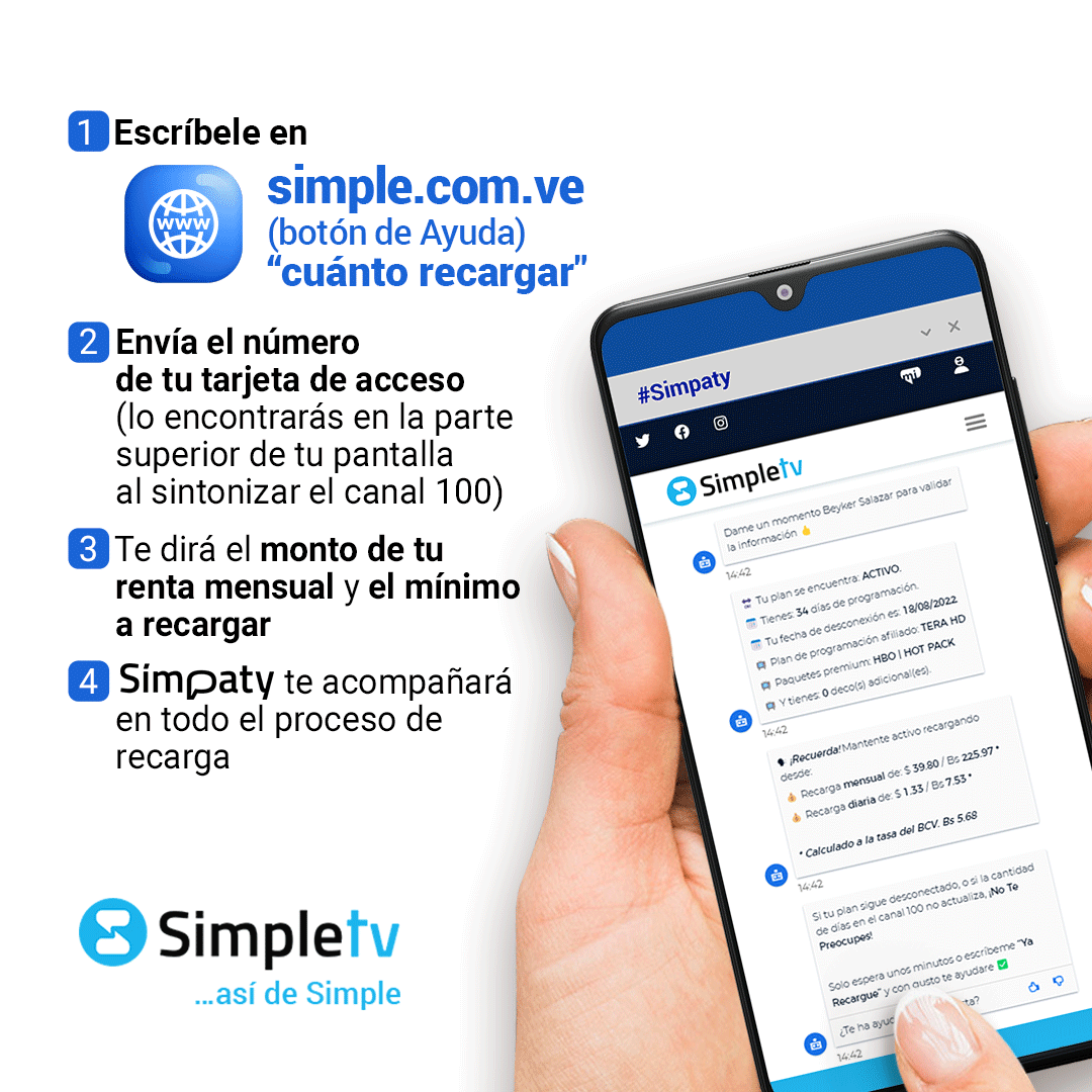 Simple_vzla's tweet photo. Escríbele a Símpaty YA y has tu recarga mínima 😁🤩

Sigue disfrutando de la mejor programación

Símpaty es pa´ ti

#AsiDeSimple 
#SimpleTV 
#Simpaty https://t.co/SERNoXo9W0