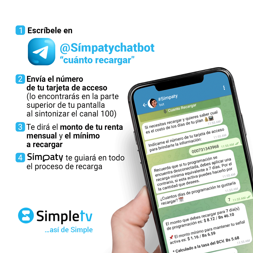 Simple_vzla's tweet photo. Escríbele a Símpaty YA y has tu recarga mínima 😁🤩

Sigue disfrutando de la mejor programación

Símpaty es pa´ ti

#AsiDeSimple 
#SimpleTV 
#Simpaty https://t.co/SERNoXo9W0