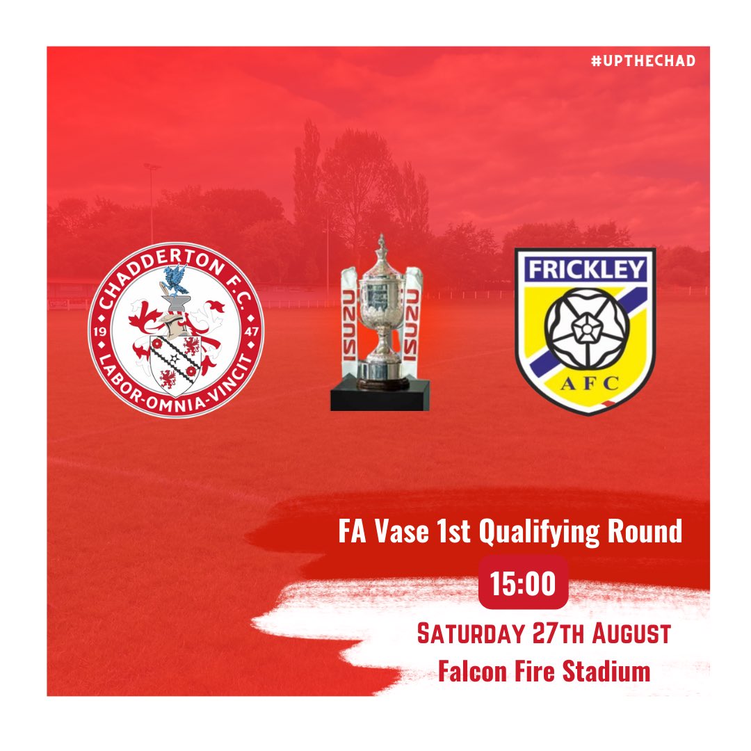 𝐓𝐡𝐞 𝐑𝐞𝐭𝐮𝐫𝐧 𝐨𝐟 𝐭𝐡𝐞 𝐅𝐀 𝐕𝐚𝐬𝐞 🏆

Saturday we host <a href="/frickleyafc/">Frickley Athletic FC</a> in the 1st Qualifying Round 🤝

With <a href="/OfficialOAFC/">Oldham Athletic</a> playing Friday Evening we would like to welcome Oldham fans Saturday <a href="/LtdFalcon/">Falcon Fire Ltd</a> 

#FAVase
#OAFC
#OldhamHour
#UpTheChad🔴⚪️