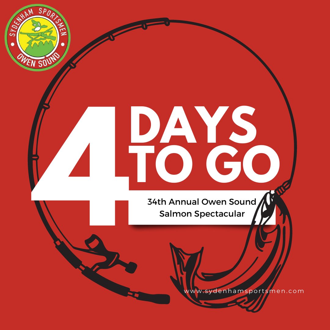 Only 4 days to go! Buy tix - sydenhamsportsmen.com/ssashop/

#sydenhamsportsmen #salmonfishing #greybruce #ontariofishing #ontariofestival #owensound #greybrucecounty #ontario #angler #georgianbay #fishing #lakehuron #greatlakes #owensoundsalmonspectacular #fish #fishingaddict
