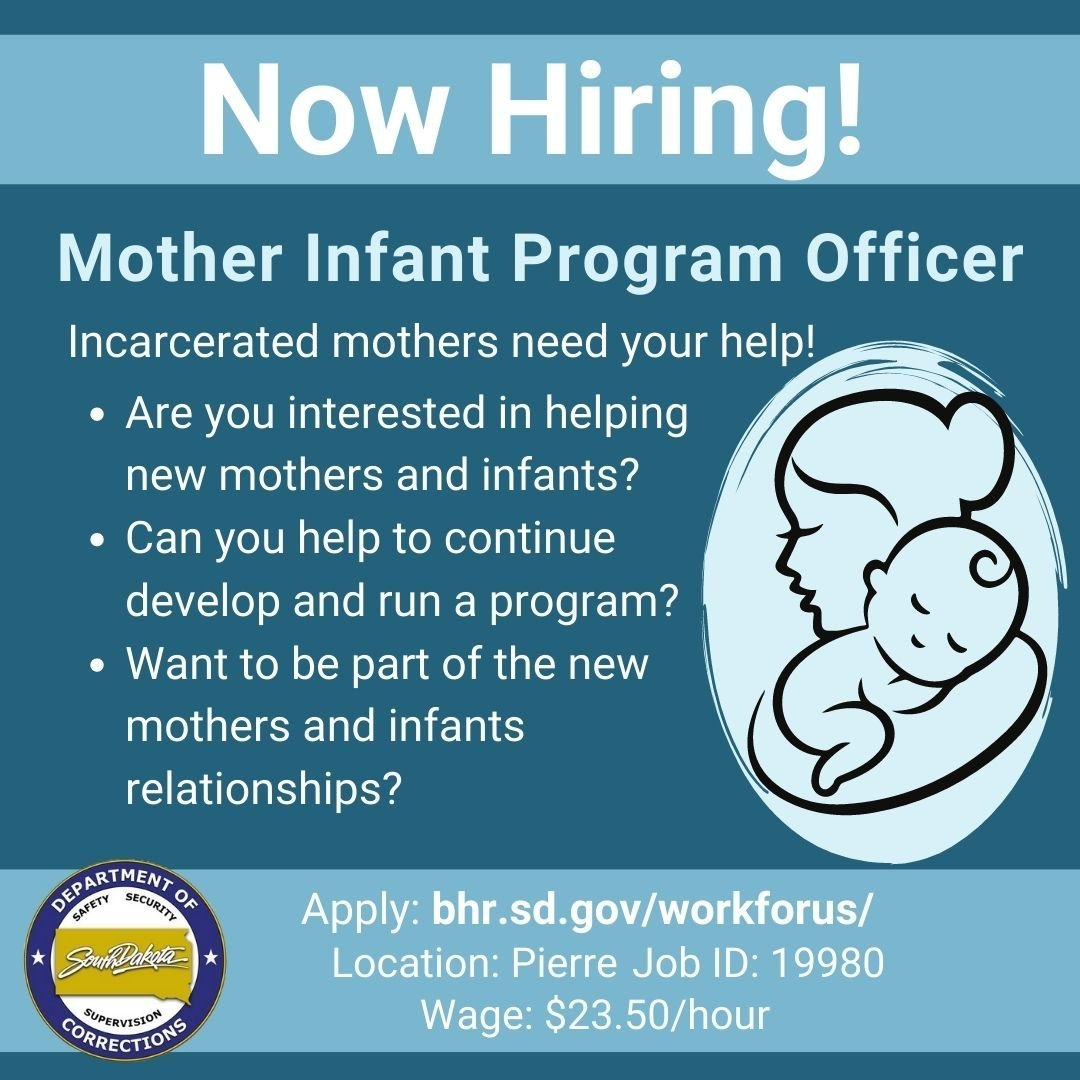 careerssd's tweet photo. This Correctional Officer position works with new and expecting mothers as they start the journey with their newborns. 12-hour shifts, a great rotation schedule, amazing benefits, and a great retirement plan. Apply: https://t.co/1TFMNoEIQo
#southdakota #career #corrections https://t.co/QzZEz4kYq1