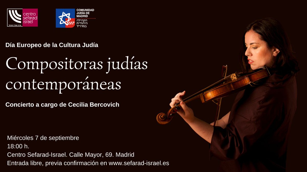 SefaradIsrael's tweet photo. En el marco del Día Europeo de la Cultura Judía #EDJC22, recorreremos la creación musical de tres compositoras judías Lera Auerbach, Hilat Ben-Kennaz y Betty Olivero.
🗓️ 7 sept
⏰ 18h
📍@sefaradisrael C/ Mayor 69
🎟️ Confirma aquí https://t.co/XTSh9QUZ8A
@cjm_es https://t.co/AzttfAmZyn