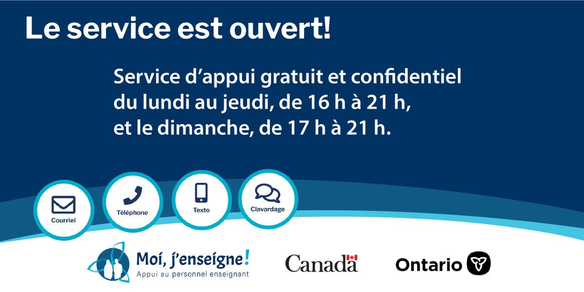 L’équipe de moijenseigne.ca est de retour pour t’appuyer et te proposer un service personnalisé offert après les heures de classe et en soirée. 
Ce service d’appui est gratuit et destiné au personnel enseignant des écoles de langue française de l’Ontario.
#moijenseigne