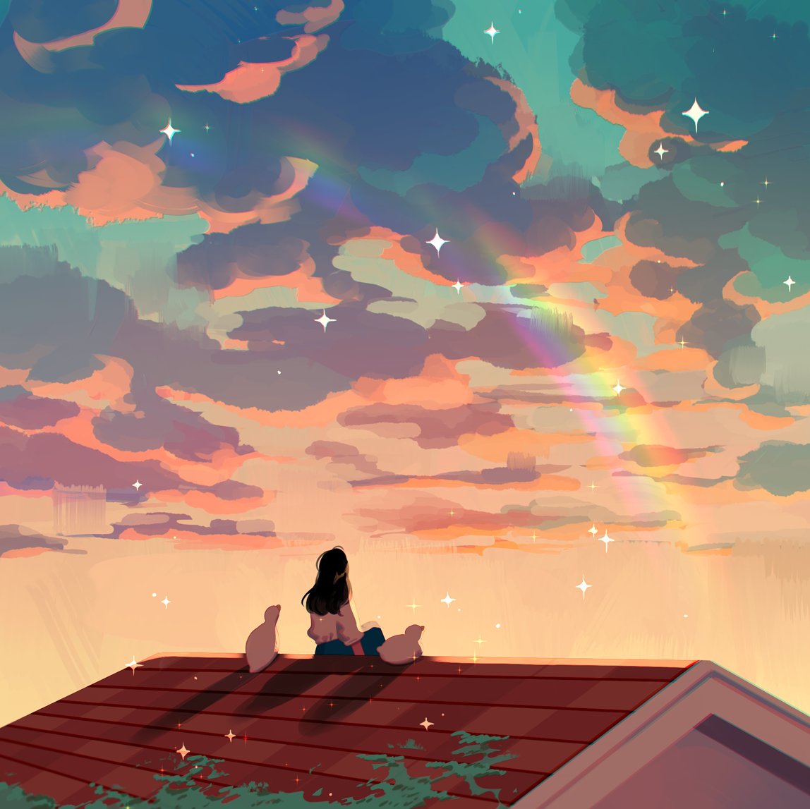 1girl cloud sky rainbow cat long hair sitting  illustration images