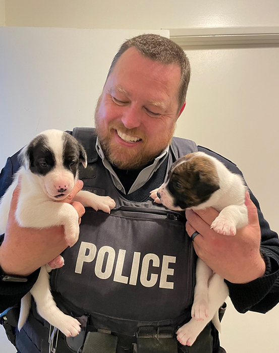rcmpmb's tweet photo. Cpl. Tearle of the Churchill #rcmpmb sure has his hands full when he gets home from work, literally! He and his wife are fostering a dog from the local shelter who had a litter of 9 pups this July. All are healthy and doing great! #MBMonday https://t.co/ffG2GJILVz