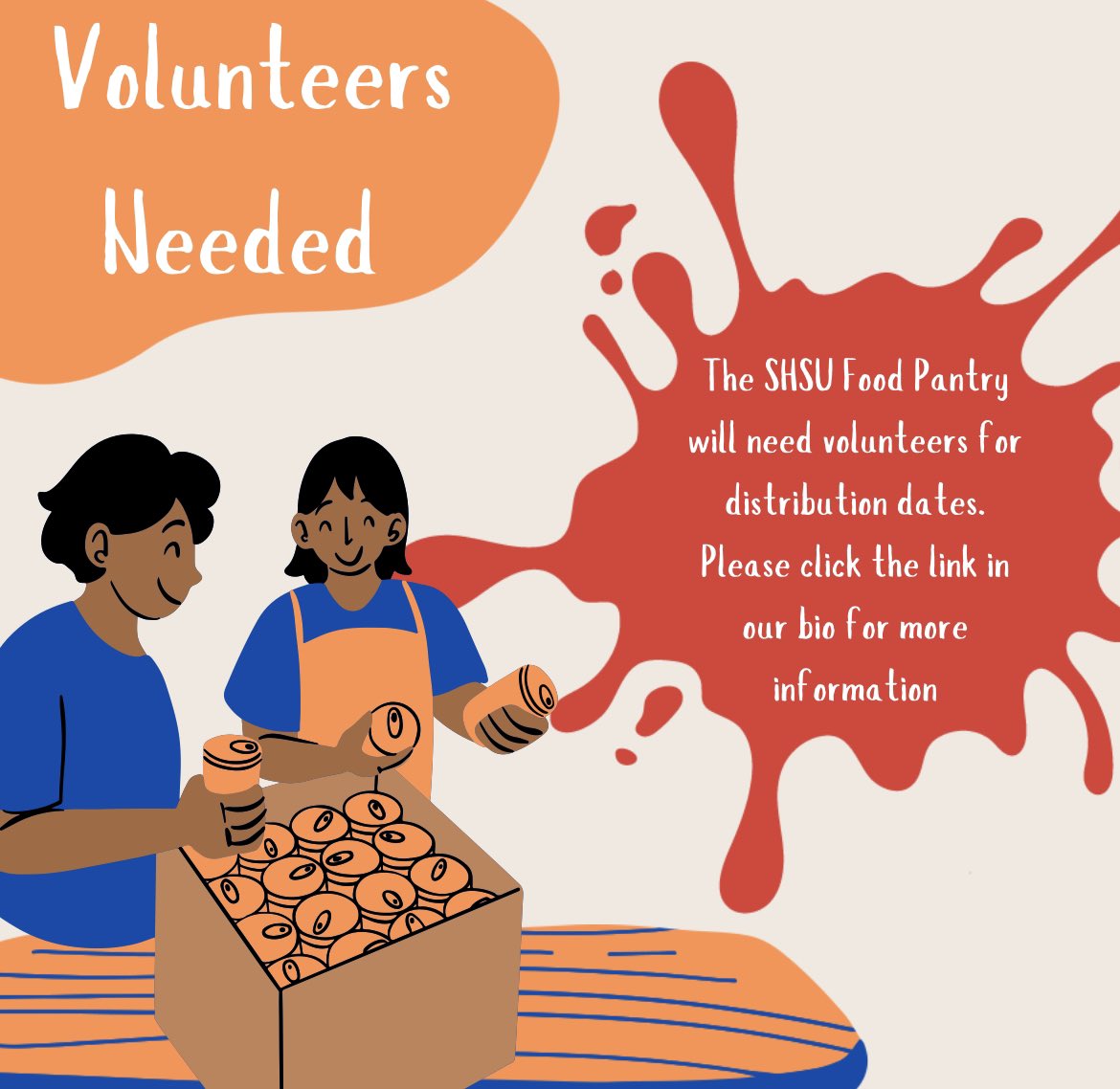 We are looking for volunteers this week! If you cannot make it, don’t worry we will have more distribution dates coming up! 
#SHSU26 #SHSU25 #SHSU24 #SHSU23 #SHSU22 #SHSU #FoodPantry #EatEmUpKats