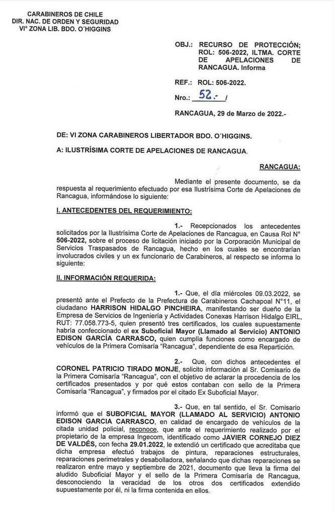 RcguaTransparen's tweet photo. @observafiscalcl @T13 @Contraloriacl Tan FALSOS que un funcionario policial fue DADO DE BAJA por certificar algo nunca realizado 

Luego “Javier Cornejo Diez de Medina” los duplica a nombre de otras empresas

Carabineros actuó bastante más rápido que @Cormun_Rancagua 

#RancaguaElGranFraude https://t.co/UT6r14aCQi