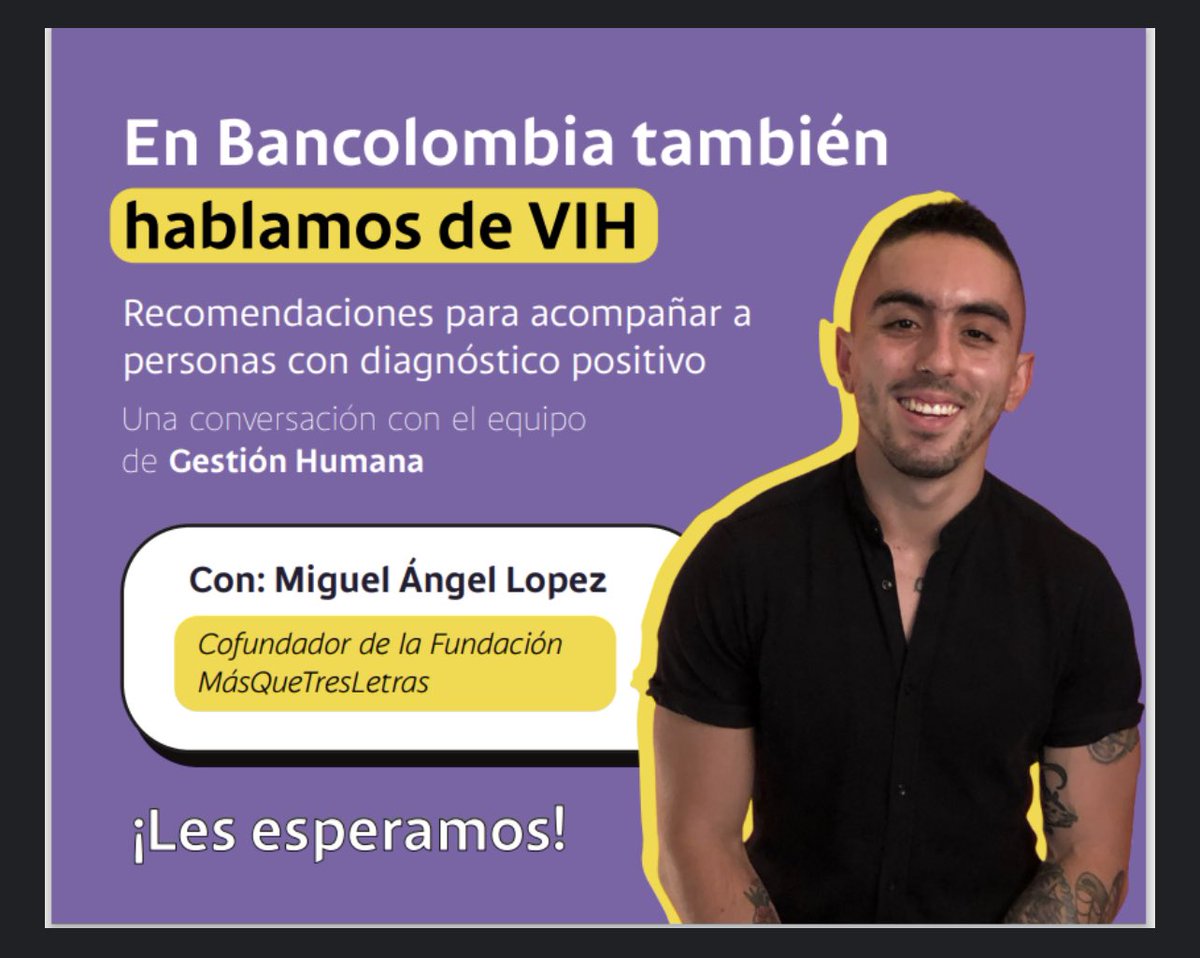 MiguelAngelopez's tweet photo. ¡Esto acabó de pasar! ❤️ @Bancolombia sacó recursos y tiempo para sentarme con más de 60 personas de gestión humana para hacer pedagogía de #VIH y hablar del buen trato y los derechos de los empleados con este diagnóstico. ✨ ¿Nos les parece muy hermoso y necesario? ¡Gracias! 🙌🏼 https://t.co/0FhWX2Dz9S