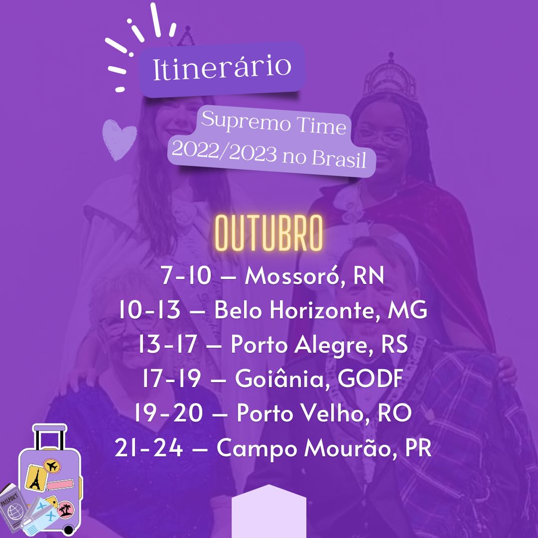BlogFDJBRASIL's tweet photo. Querida família FDJBRASIL,

O que tanto esperavam chegou: itinerário do Supremo Time pelo Brasil.

Detalhes sobre cada visita serão divulgados diretamente pelas jurisdições. Inscrições para eventos e outros detalhes também. Fiquem de olho nos instagrams mencionados na foto. 

💜 https://t.co/5y5bEc1TlN