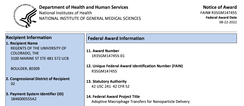 It's #NoA day!! 🥳 Excited to receive an @NIGMS R35 ESI MIRA award. A postdoc position is now available in my lab. Please contact if you're interested in adoptive cell transfers for nanoparticle delivery 🧪👩‍🔬🔬