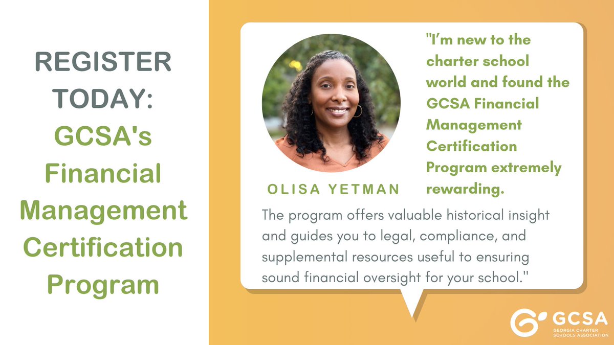 GACharters's tweet photo. GCSA's Financial Management Certification Program kicks off on Sept 12! Our rigorous program is specifically designed to address the unique financial needs of #GaCharters. Scholarships are available for state charter schools. Register now: https://t.co/s6IOVWlGbW
#GaStateCharters https://t.co/dMnJn4WbiH