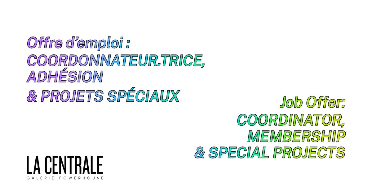 Venez travailler à La Centrale ! 
La Centrale recrute un.e coordonnateur.trice, adhésion &amp; projets spéciaux pour un contrat d'un an 
-
Work at La Centrale !
La Centrale is hiring a Coordinator, membership &amp; special projects for a one-year contract 

lacentrale.org/a-propos/emplo…