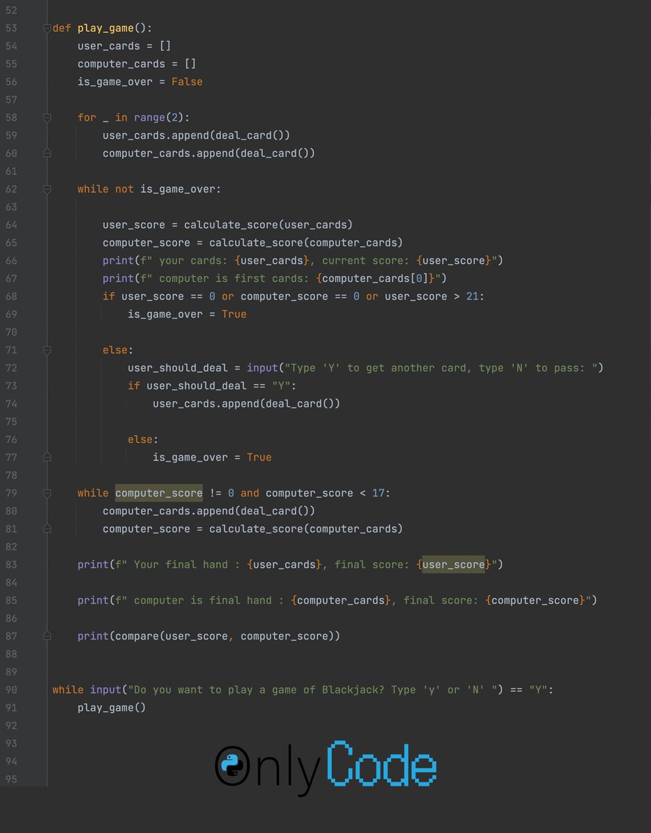 onlycodepy's tweet image. onlycode.py The game of the day, #blackjack

You win🥳🥳🥳🥳

#onlycodepy #onlycode #programing #codeday