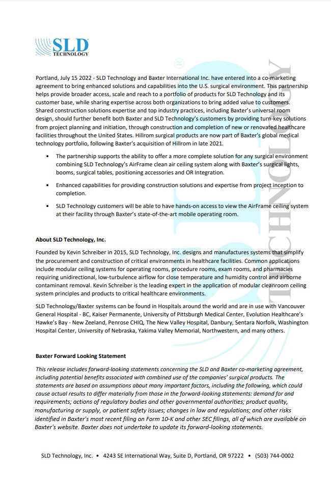 SLDTechnology's tweet photo. BREAKING NEWS: SLD and BAXTER enter into a co-marketing agreement. This is great news for our partners, market channel reps and customers in raising awareness and interest in our brand. 

Learn more: https://t.co/fCx9UH9N1Z 

 #SLDtechnology #D4Z #futureofsurgery #comarketing https://t.co/6bmOQWTJXp