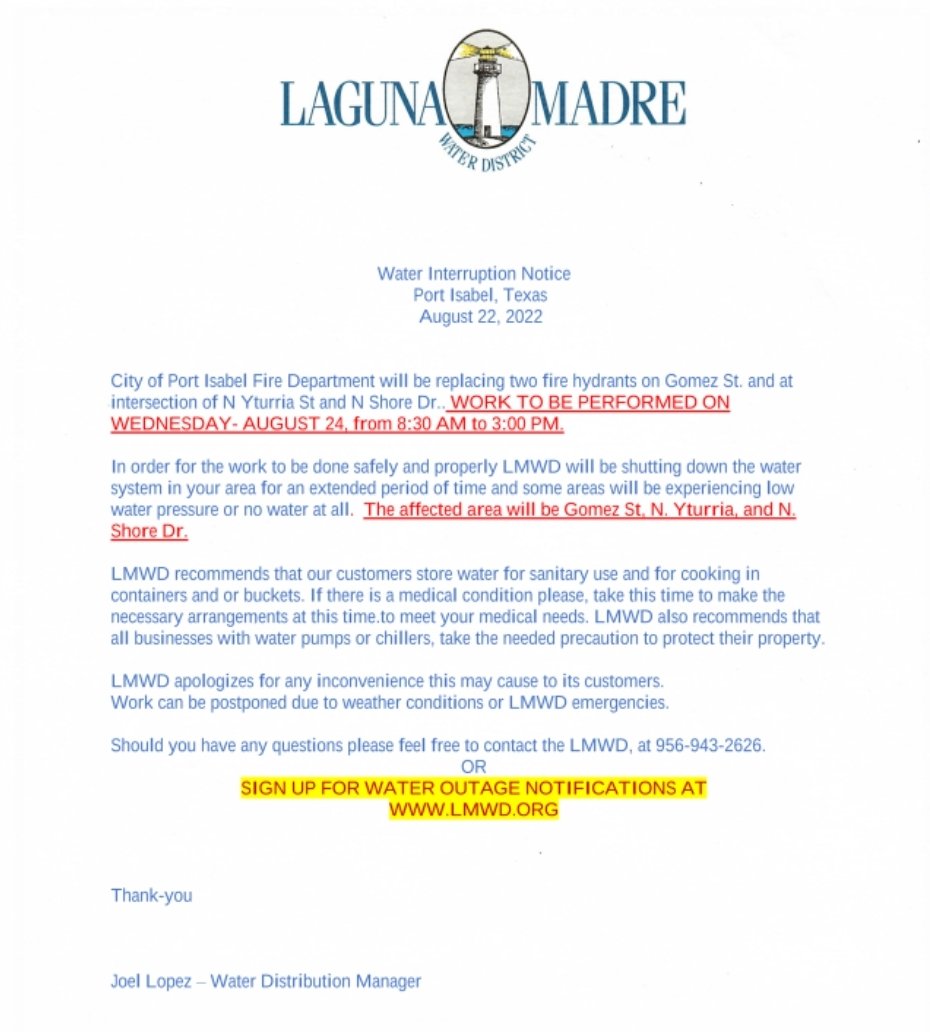 grantaccesspi's tweet photo. A Water Interruption Notice is scheduled for fire hydrant maintenance on Wednesday, August 24 in Port Isabel, TX. Please read notice for affected area. Thank you. https://t.co/i7lJcUoGKv