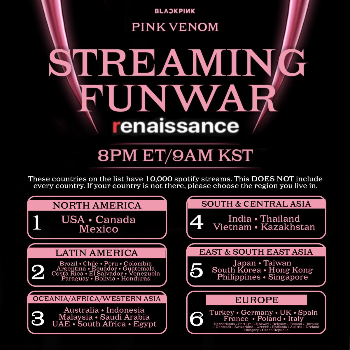 misskoreaJisoo's tweet photo. Para unirse a esta pelea de stream, sigan los siguientes pasos 💪

1. Descarga Renaissance
2. Enlace a Spotify
3. 'Guardar fiesta de transmisión' de su Team
4. Abre y reproduce la lista de reproducción.
5. Abra la aplicación cada 3-4 horas para seguir contando sus transmisiones https://t.co/ARrs4Cff3d