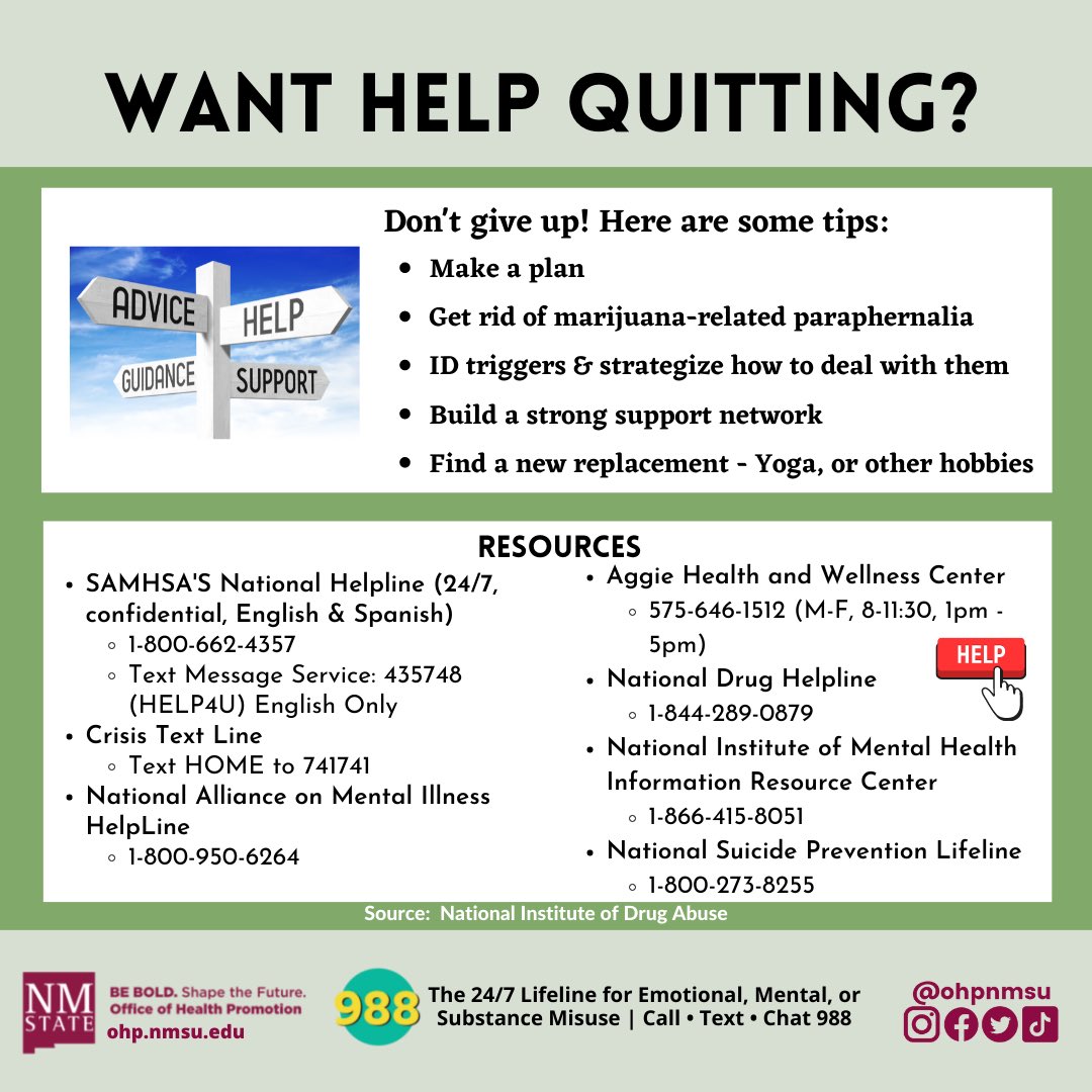 Hey Aggies! Here’s what you should know about marijuana use on campus, as well as the effects it can have on you. 👮🏻‍♂️🤷🏽😵‍💫

Have questions? Check out the resources on the last slide.

#nmsu #nmsuaggies #aggies #marijuana #safety