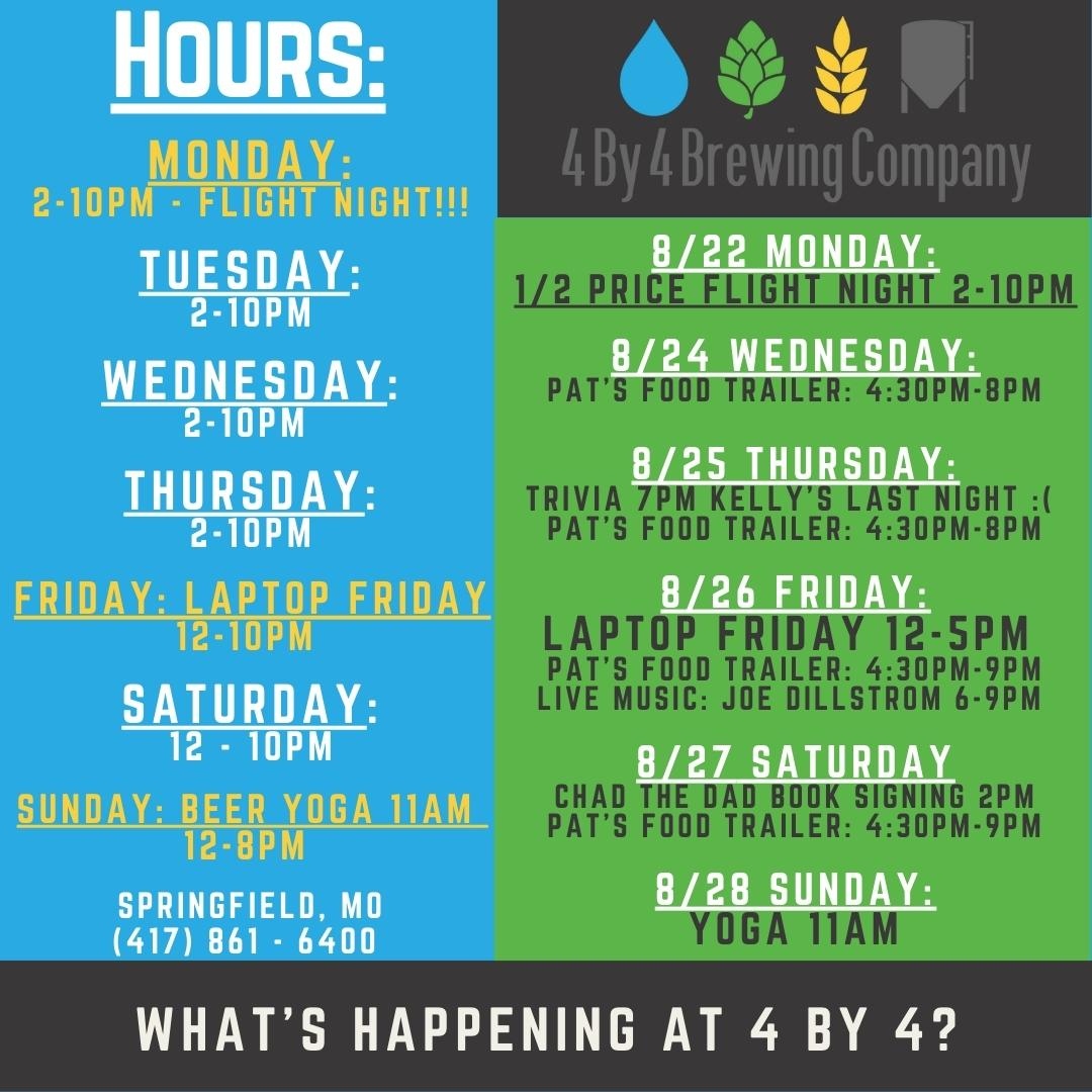 4by4Galloway's tweet photo. Here's what's going on this week at 4 By 4!⁠
⁠
*** Book Signing on Saturday!!! ***
⁠
#weeklyevents #417land #thingstodo #keepup #flightnight #laptopfriday #beeryoga #foodtrucks #springfieldmoevents #breweryevents #gallowaydistrict #springfieldmo #4by4brewingco⁠ https://t.co/bu8dHROwqr