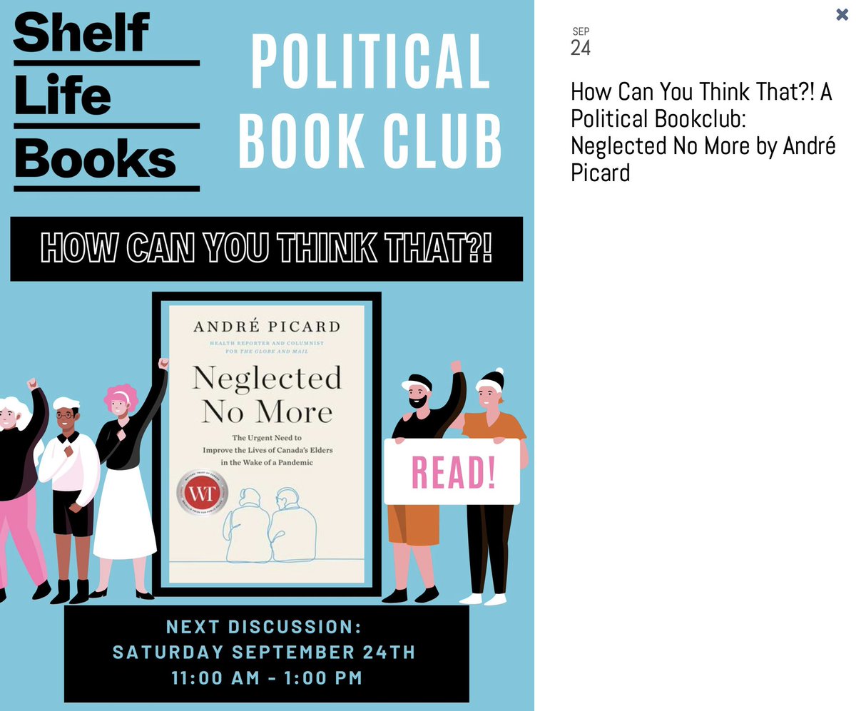 Calgary people—come air out your political disagreements (we promise, no black eyes!). Our How Can You Think That?! book club is back to in-person meetings the last Sat. of each month. The first reading: Neglected No More by @picardonhealth shelflifebooks.ca/events-2/#even…