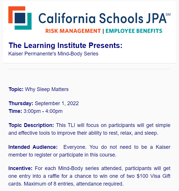 cjusdwellness's tweet photo. This school year, focus on what you need in order to keep your mind and body healthy.💪

Kaiser Permanente presents its Mind-Body Series: Why Sleep Matters Webinar 😴
09/01 @ 3 PM
Register: https://t.co/wP1QIVo5cu

#cjusdwellness https://t.co/yX51lguN1D