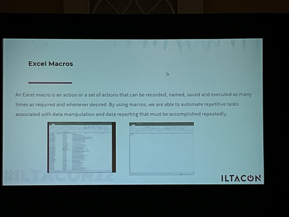 .<a href="/SClerkinSTL/">Stephanie Clerkin</a> shares a list of her most frequently used Excel Macros. When it’s not already on her list she relies on Macro libraries to help out. Adobe Actions is the Excel Macro equivalent. #ILTACON22