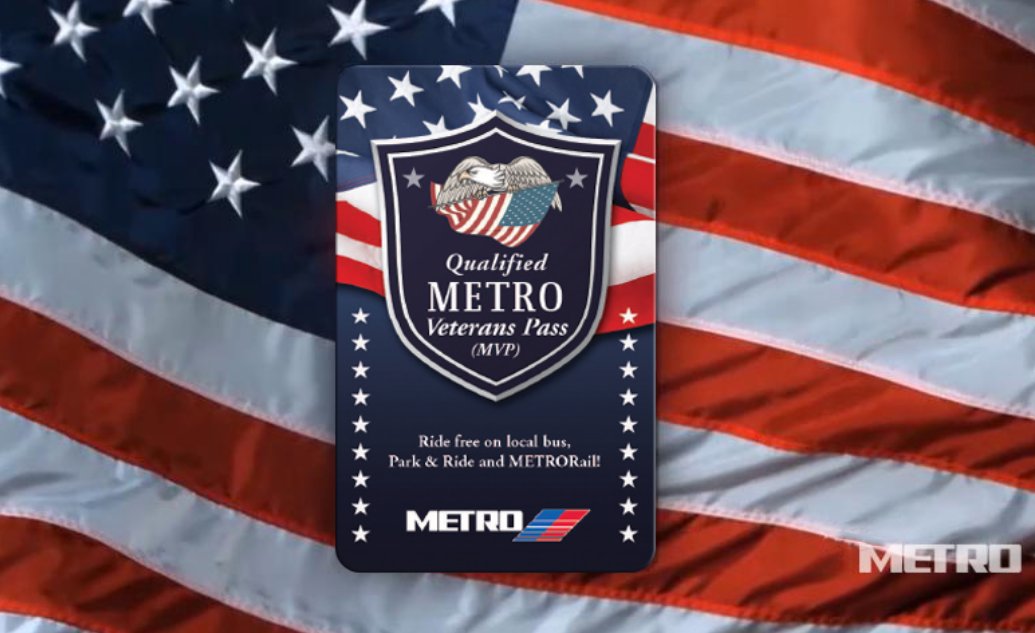 We're proud of this #transportation service! Did you know about @METROHouston's MVP? The Qualified METRO Veterans Pass (MVP) provides qualified US military veterans with free, unlimited rides on light-rail, local bus and Park & Ride service. Learn more: ridemetro.org/Pages/Veterans…
