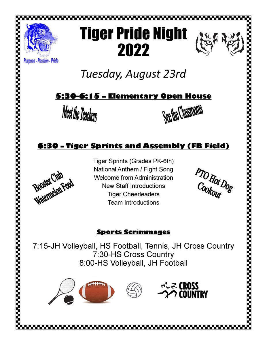 Tiger Pride Night is tomorrow, Tue, Aug 23. The elementary open house is from 5:30-6:15.  The program will begin with at 6:30 at the football field with the elementary races on the field. Booster Club will serve watermelon and PTO will have hot dog meals available.  #sjtigerpride