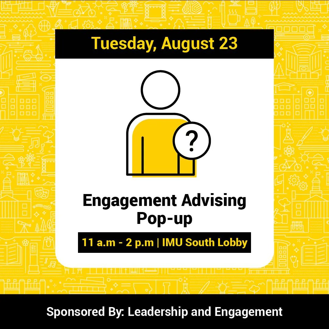 Happy Engaged Hawkeyes Week! On Tuesday, drop by for some advice on how to get involved on campus in the IMU South Lobby. Learn more at buff.ly/3pCOQDE . #EngagedHawkeyesWeek 🖤💛