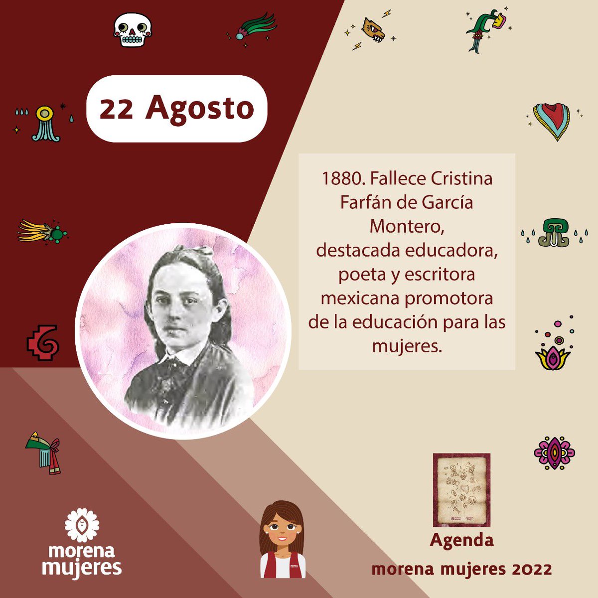 Hoy recordamos a Cristina Farfán de García Montero, destacada educadora, poeta y escritora mexicana. Fue promotora de la educación de las mujeres. 

#AgendaMorenaMujeres2022 
#CarolArriaga
#EfemeridesFeministas