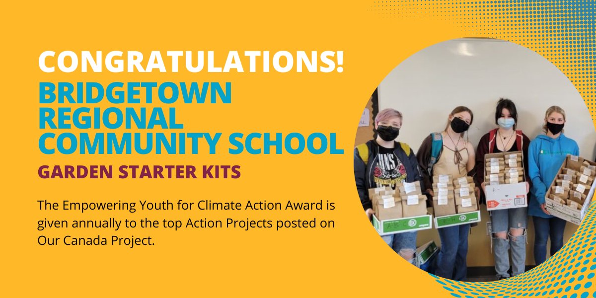 Here's another Runner up from this year's Empowering Youth for Climate Action Awards! Through partnerships with local farms, the students at <a href="/BRCS_Hawks/">Bridgetown Regional Community School</a> packaged and sold close to 100 garden starter kits.

Learn more: ourcanadaproject.ca/place/garden-s…